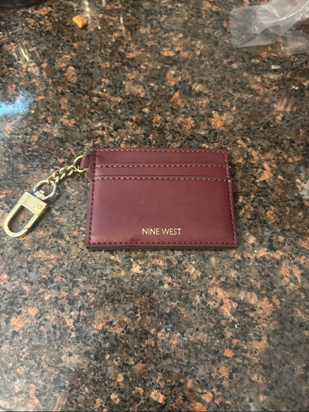 Nine West Wine Leather Card Holder with Gold Key Chain
